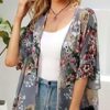 Women's Floral Print Puff Sleeve Kimono Cardigan Loose Cover Up Casual Blouse Tops - Image 3