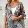 Women's Floral Print Puff Sleeve Kimono Cardigan Loose Cover Up Casual Blouse Tops - Image 4