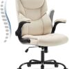 Office Chair - Ergonomic Executive Computer Desk Chairs with Adjustable Flip-up Armrest, Swivel Task Chair with Lumbar Support, Strong Metal Base, PU Leather, White