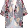 Women's Floral Print Puff Sleeve Kimono Cardigan Loose Cover Up Casual Blouse Tops - Image 8