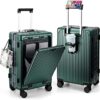 MRPLUM Front Pocket Carry On Luggage,PC Hardside Spinner Wheel Suitcase with TSA Lock, Cup Holder,Phone Holder&USB Charging Port,20 inch,Dark Green